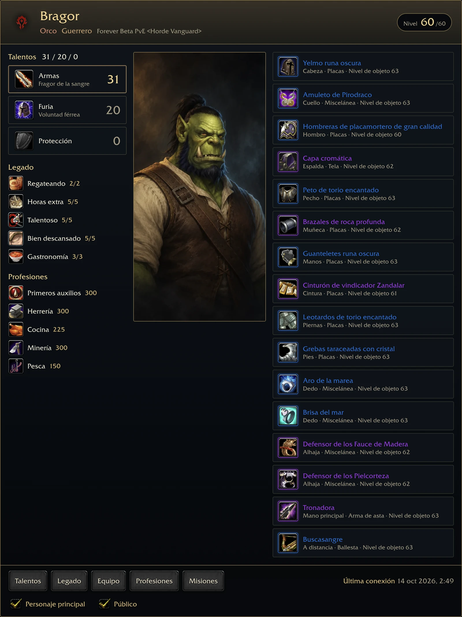Un personaje de World Recorder en un perfil de wowdb.wiki: un guerrero orco de nivel 60 con talentos, legado, profesiones y todo su equipo