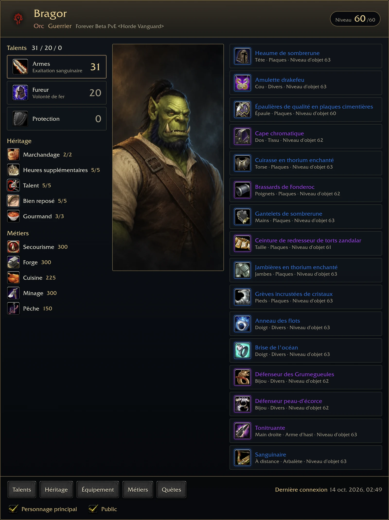 Un personnage de World Recorder sur un profil wowdb.wiki : un guerrier orc de niveau 60 avec ses talents, son héritage, ses métiers et tout son équipement