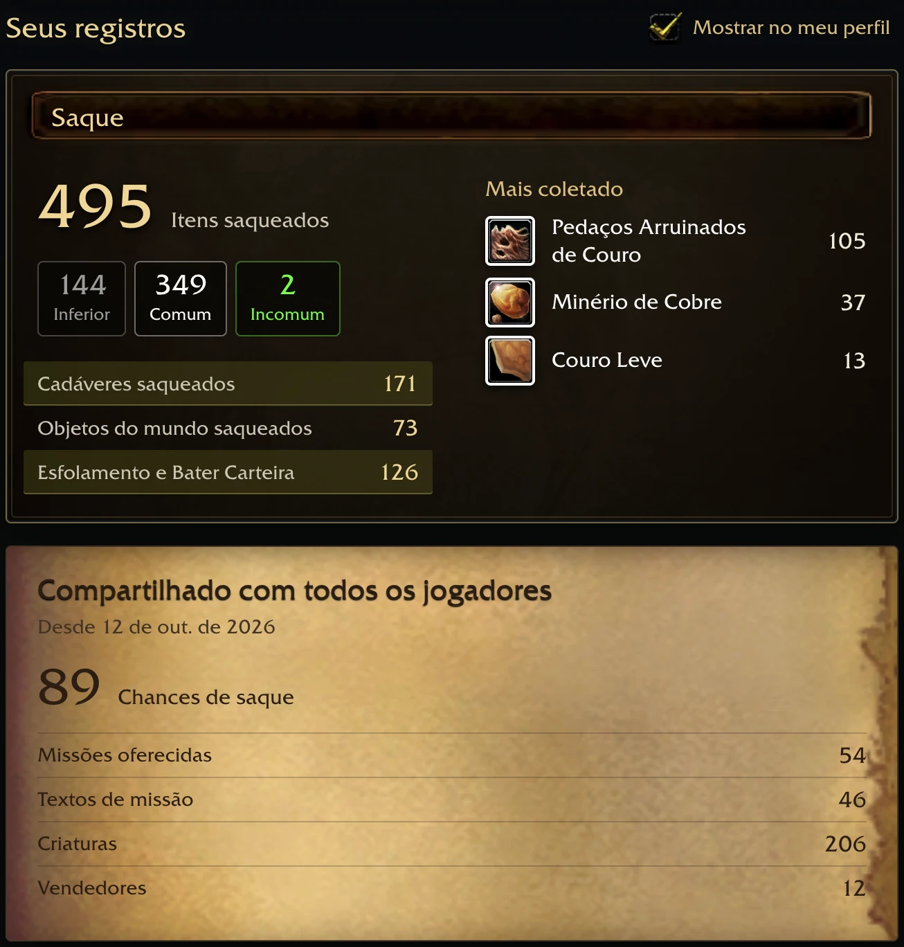 Seus registros na página do World Recorder: itens saqueados por qualidade, cadáveres e objetos do mundo saqueados, o que foi mais coletado e o que os registros compartilham com todos os jogadores, ao lado de “Mostrar no meu perfil”