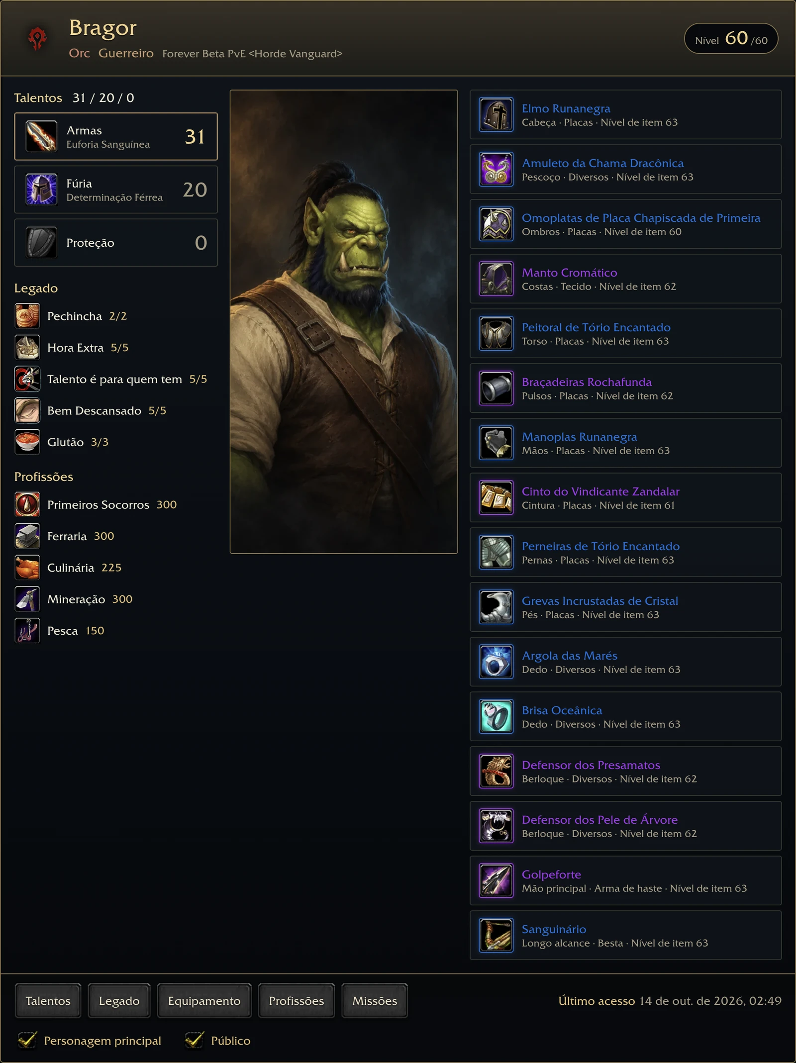 Um personagem do World Recorder em um perfil do wowdb.wiki: um guerreiro orc de nível 60 com talentos, legado, profissões e todos os itens equipados