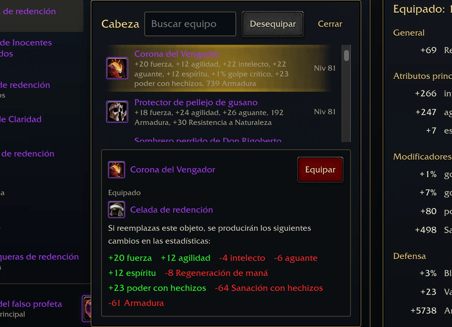 La ranura de cabeza de un paladín humano de nivel 60: Corona del Vengador seleccionada y comparada con la Celada de redención equipada, ganancias en verde y pérdidas en rojo