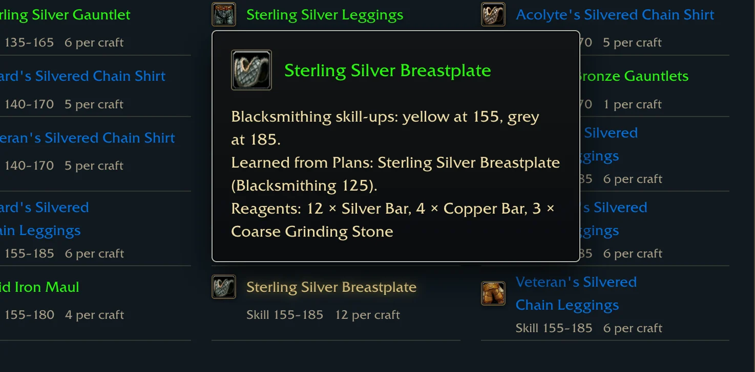 A preview card over the Silver Bar page: Sterling Silver Breastplate with its skill-ups, the plans that teach it and its reagents
