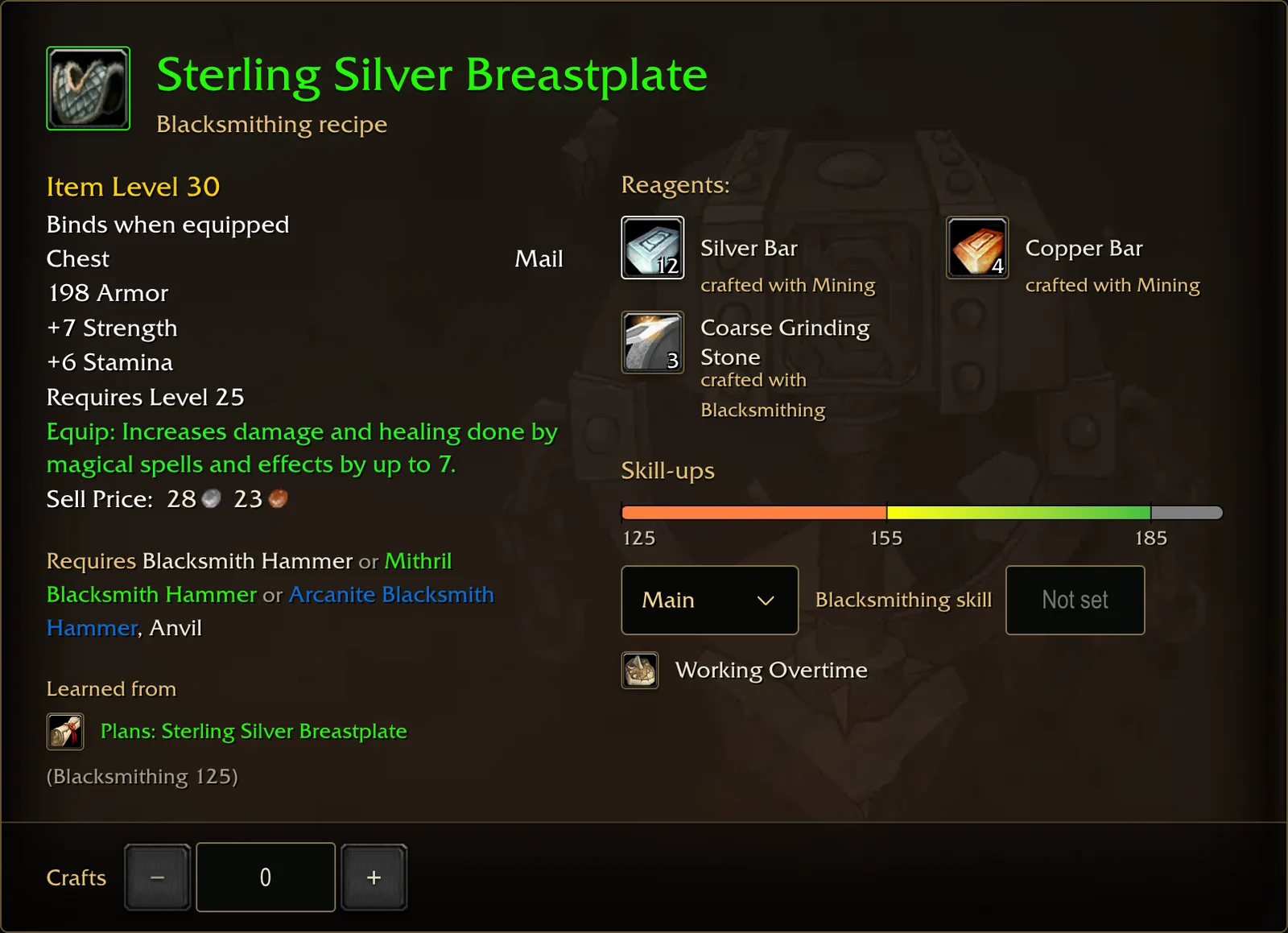 The Sterling Silver Breastplate recipe card: tooltip, reagents with counts, tools and anvil, the plans that teach it and the skill-up bar from 125 to 185