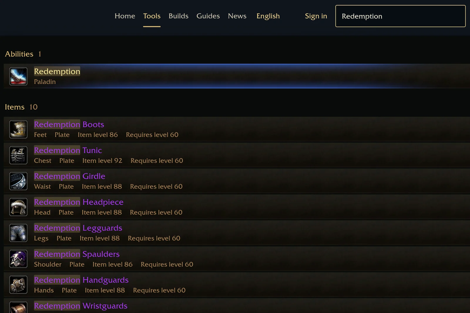 Header search for "Redemption": the Paladin ability, the Redemption armor set and the quests that reward it, each kind with its own tab
